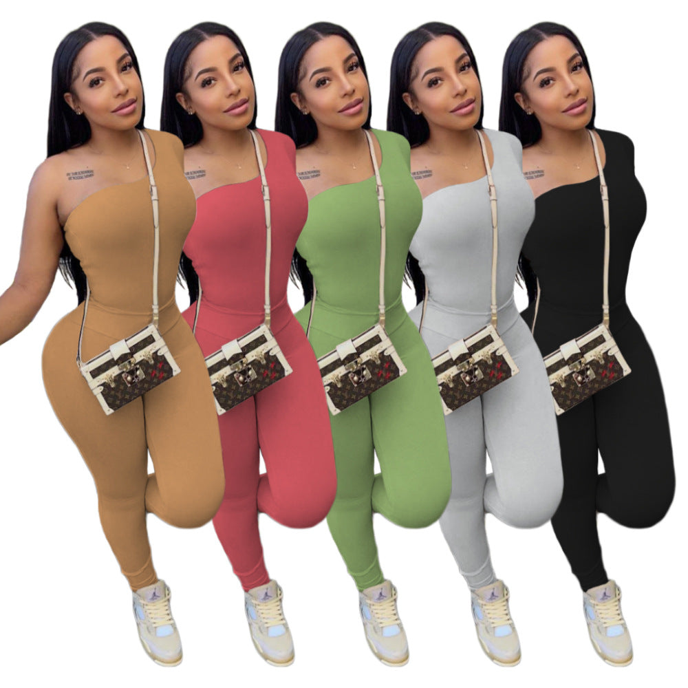Women Solid Color Long Sleeve One Shoulder Two Piece Set Solid Color Suit