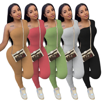 Women Solid Color Long Sleeve One Shoulder Two Piece Set Solid Color Suit